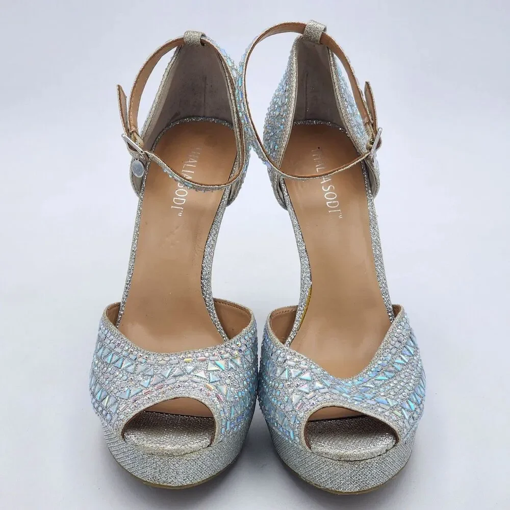 Thalia Sodi Chace Rhinestone Bling Peep Toe Platform Heels Glam Prom Size 8.5